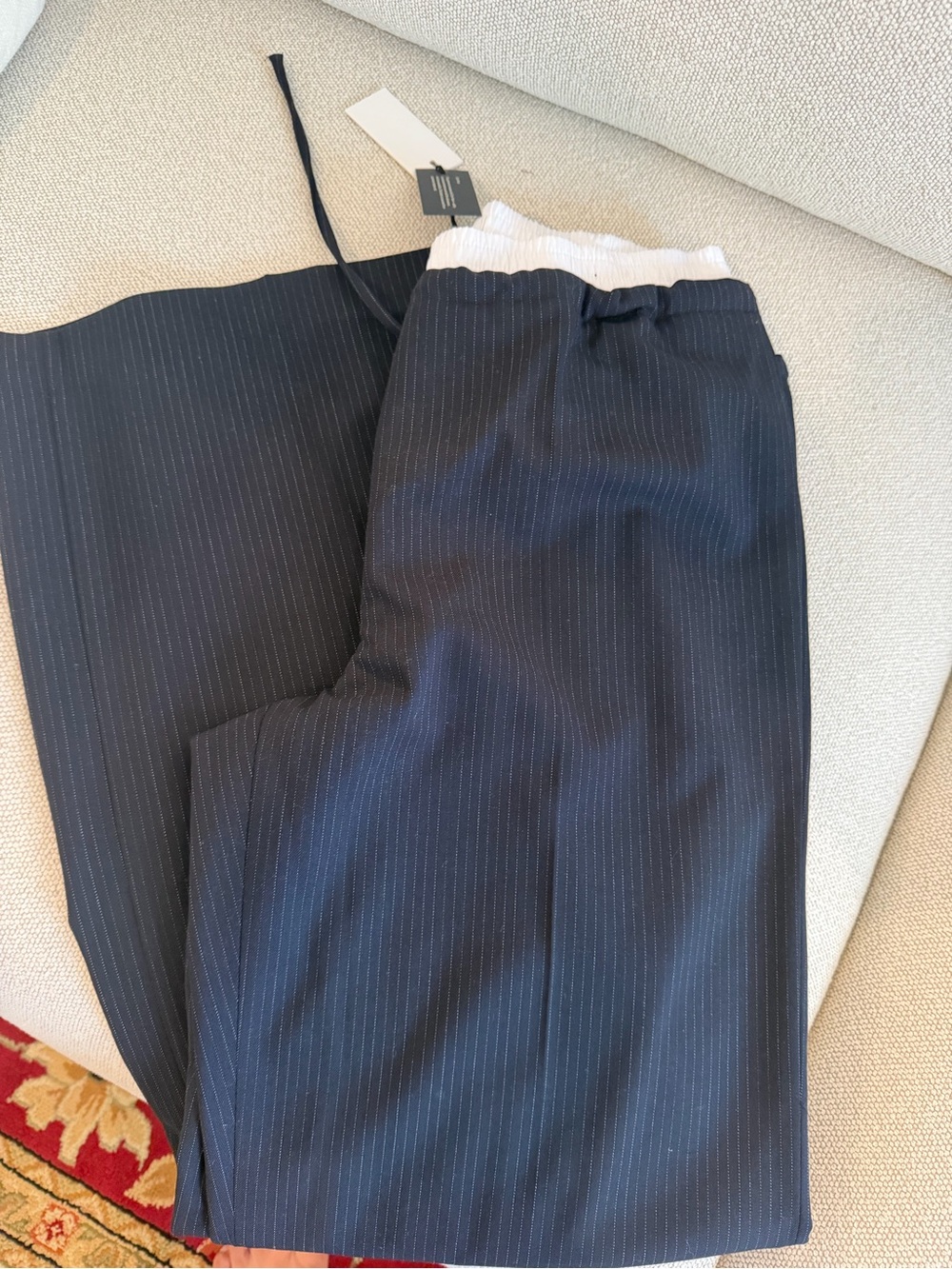 Aritzia Navy Pinstripe Drawstring Pants with White Waistband